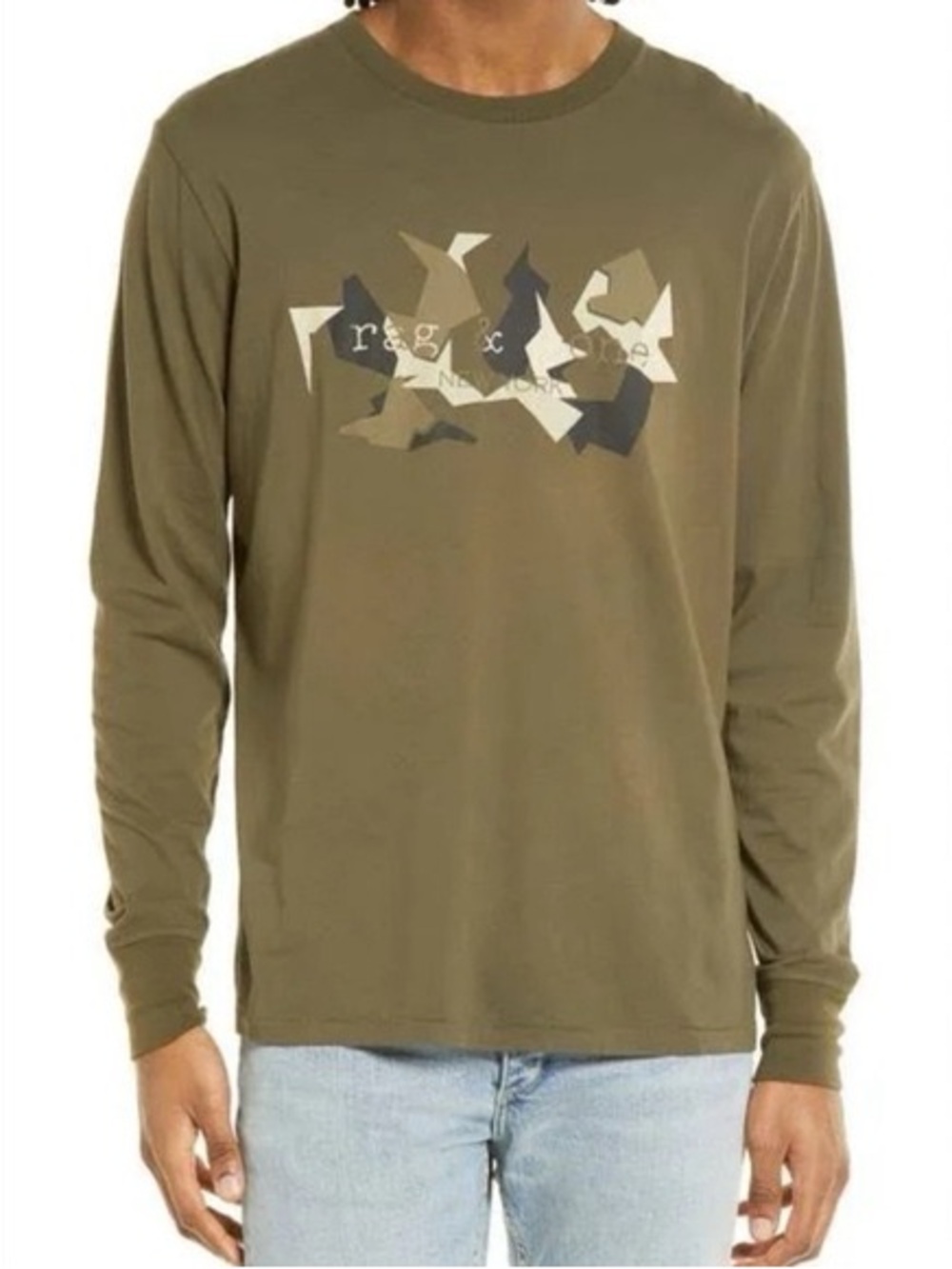 #281-rag & bone Olive Green‎ Long-Sleeve Tee with Camouflage Graphic